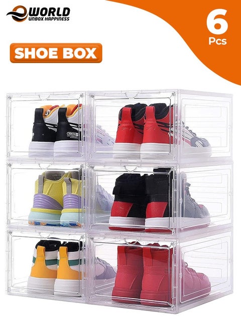 Set of 6 Clear Plastic Stackable Shoe Storage Boxes with Magnetic Doors, Lids and Customizable Interlocking Design, Multi-Purpose Durable Organizer Containers for Shoes, Books, Toys, Clothing and Jewelry